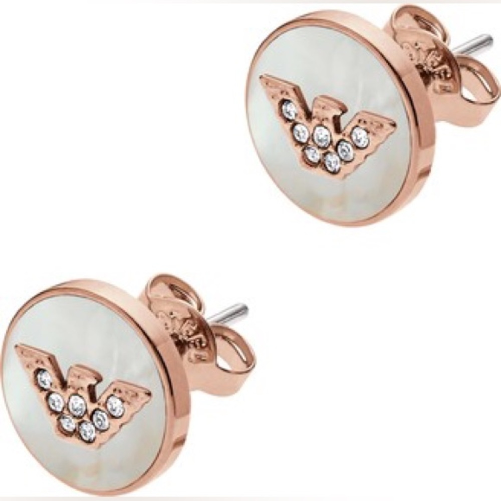 NWB Emporio Armani Rose Gold Mother of Pearl Stuf Earrings w/ logo and stones